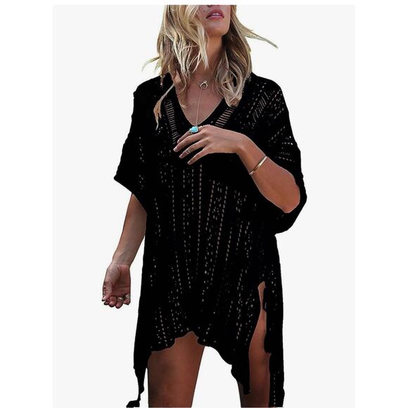 Hollow Out Side Tie Crochet One Piece Cover Up Dress Black One Size Beach - Picture 3 of 4